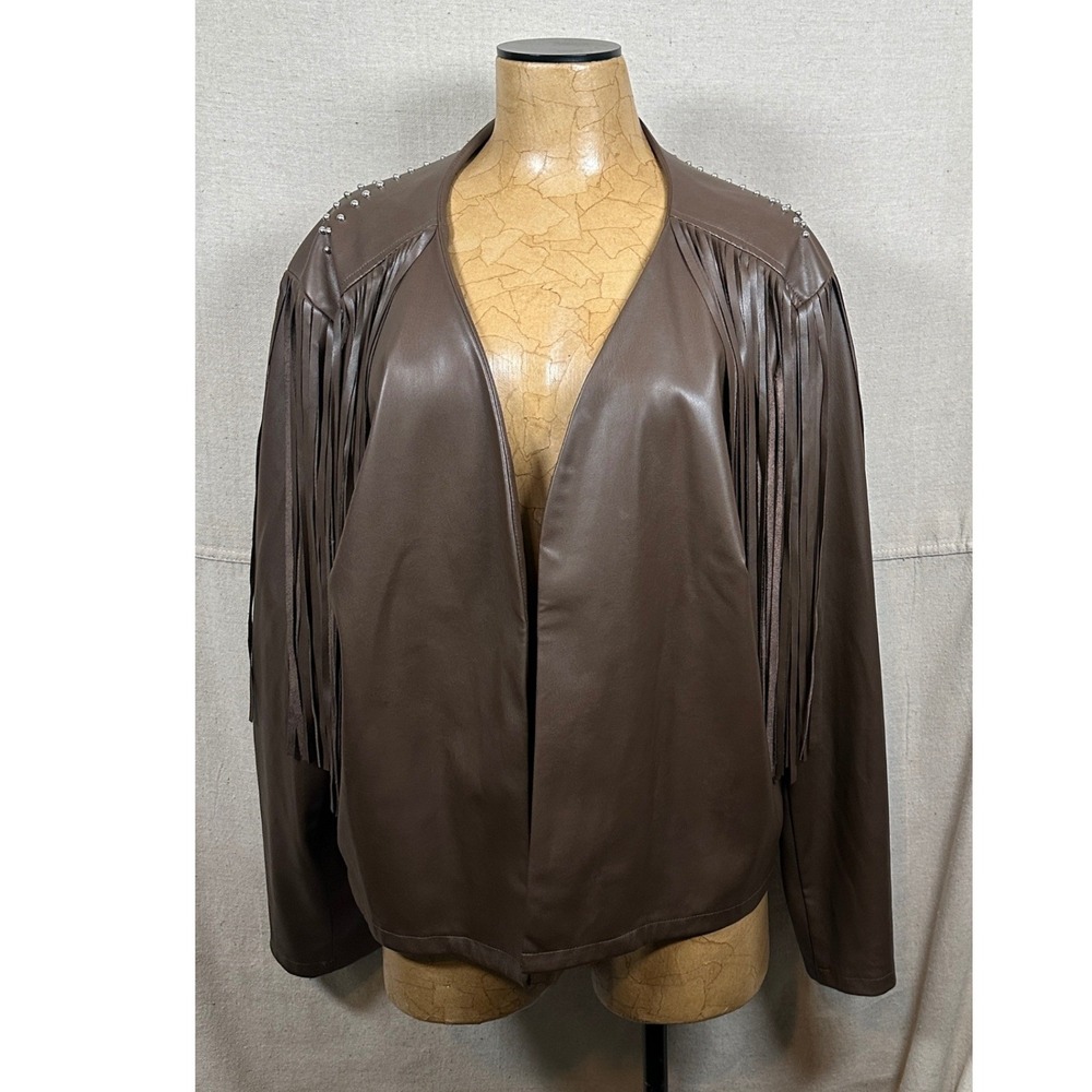 Cato Brown Faux Leather Fringe Studded Western Jacket‎ Plus Size 22/24W Cowgirl - Picture 2 of 5